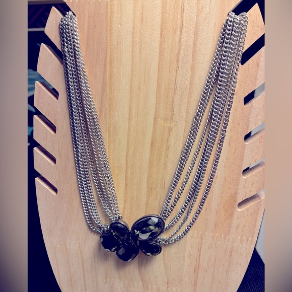 Faceted Smoky Quartz Statement Silver Necklace with Layered Chains - Picture 3 of 5